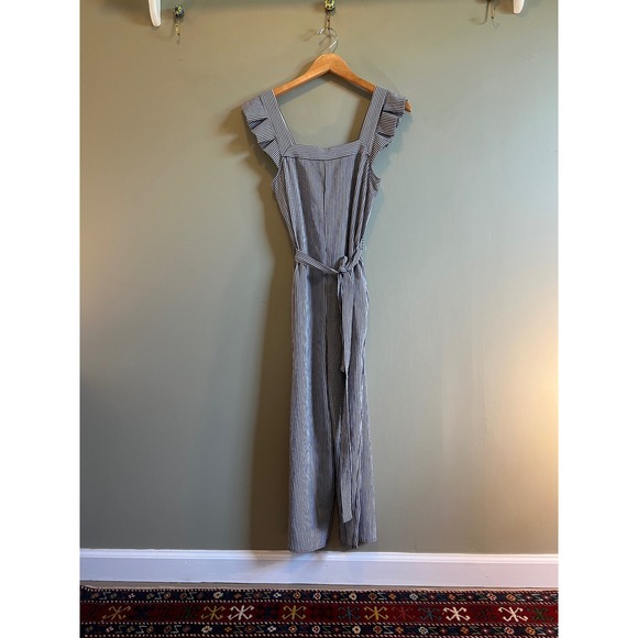 Monteau Pants - Monteau Los Angeles Striped Ruffle Sleeve Wide Leg Jumpsuit Navy White XS NEW